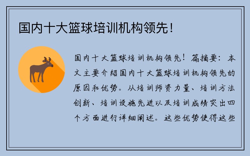 国内十大篮球培训机构领先！