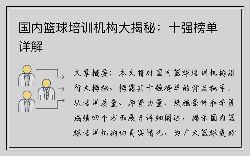 国内篮球培训机构大揭秘：十强榜单详解
