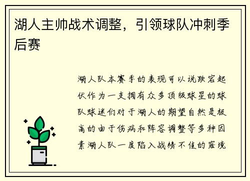 湖人主帅战术调整，引领球队冲刺季后赛